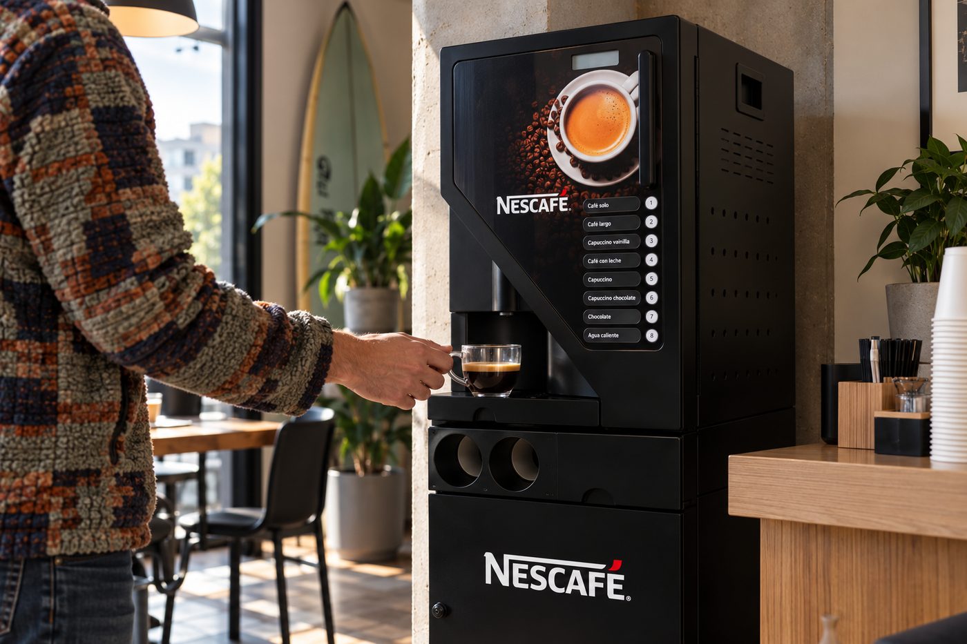 Persona retirando un café de la máquina Nescafé de Scafetto